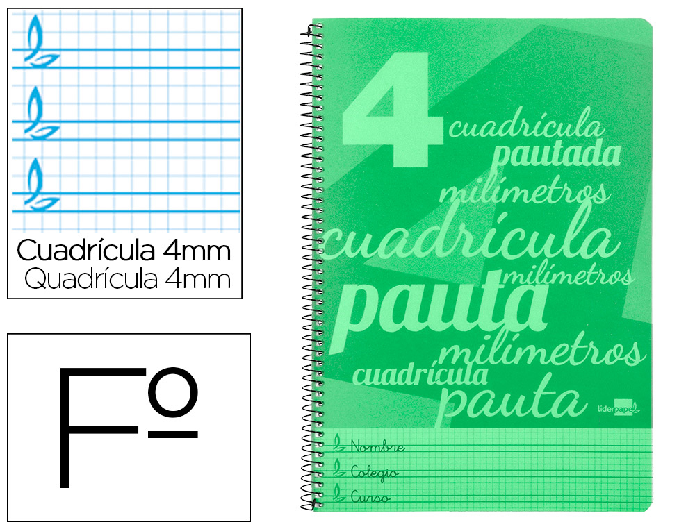 CUADERNO ESPIRAL LIDERPAPEL FOLIO PAUTAGUIA TAPA PLASTICO 80H 75GR CUADRO PAUTADO 4MM CON MARGEN COLOR VERDE