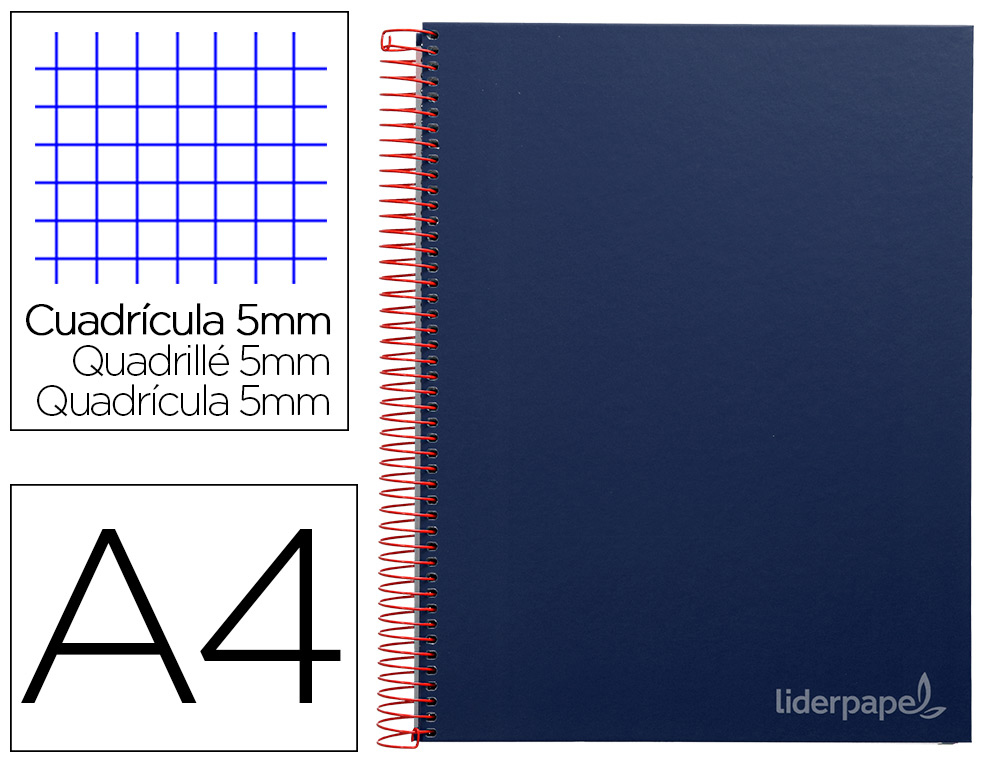 CUADERNO ESPIRAL LIDERPAPEL A4 MICRO JOLLY TAPA FORRADA 140H 75 GR CUADRO 5MM 5 BANDAS 4 TALADROS COLOR AZUL