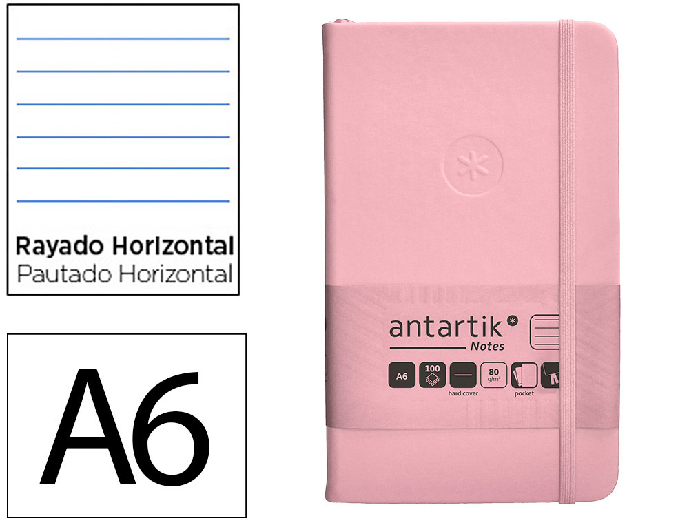 CUADERNO CON GOMILLA ANTARTIK NOTES TAPA DURA A6 HOJAS RAYAS ROSA PASTEL 100 HOJAS 80 GR FSC