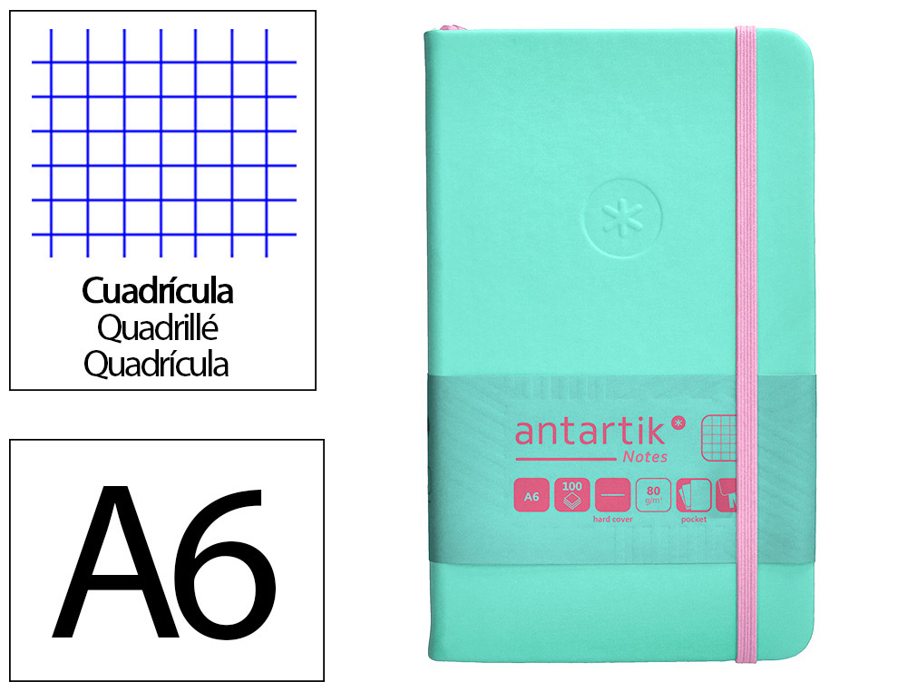 CUADERNO CON GOMILLA ANTARTIK NOTES TAPA DURA A6 HOJAS CUADRICULA ROSA Y TURQUESA 100 HOJAS 80 GR FSC