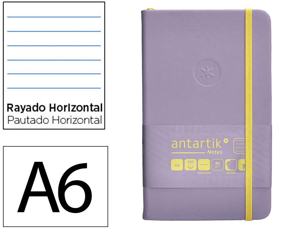 CUADERNO CON GOMILLA ANTARTIK NOTES TAPA DURA A6 HOJAS RAYAS MORADO Y AMARILLO 100 HOJAS 80 GR FSC