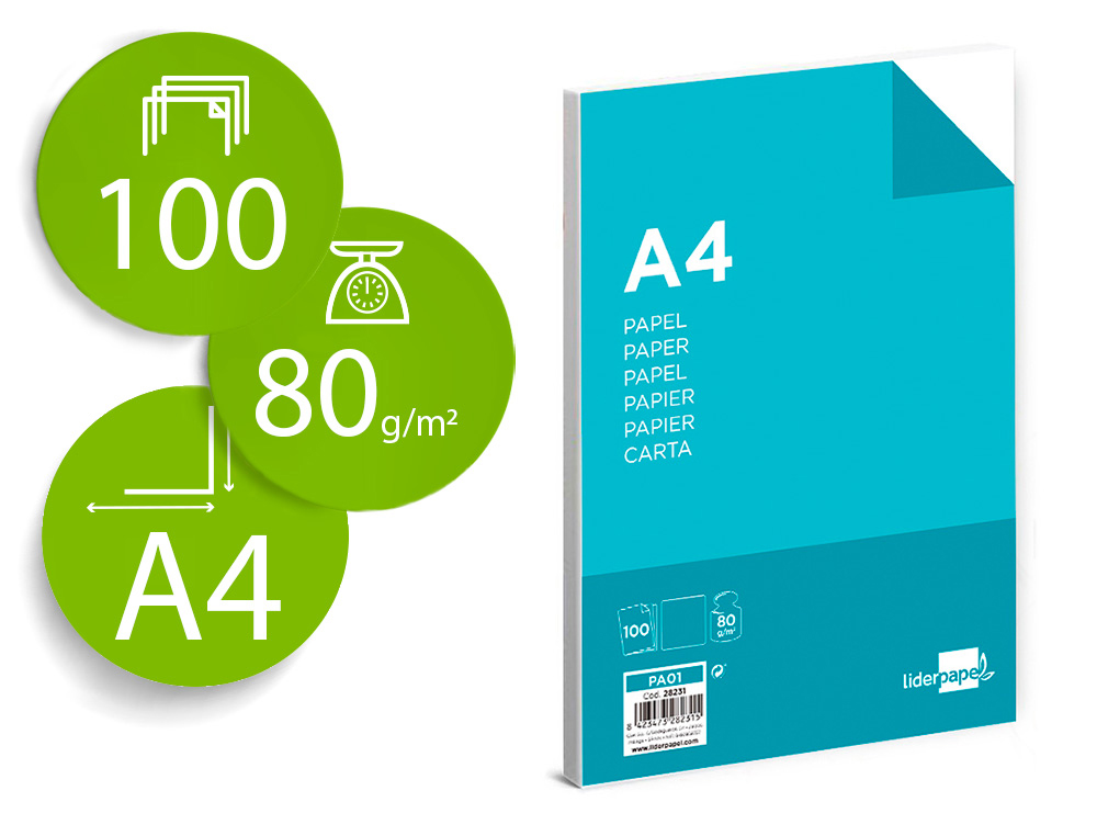 PAPEL LIDERPAPEL A4 80G/M2 LISO PAQUETE DE 100 HOJAS