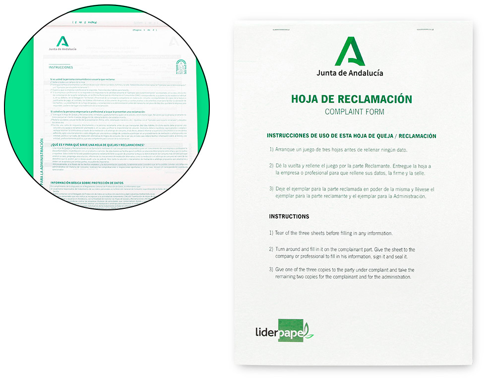 LIBRO LIDERPAPEL HOJAS DE RECLAMACIONES JUNTA DE ANDALUCIA DIN A4 25 JUEGOS ORIGINAL + 2 COPIAS