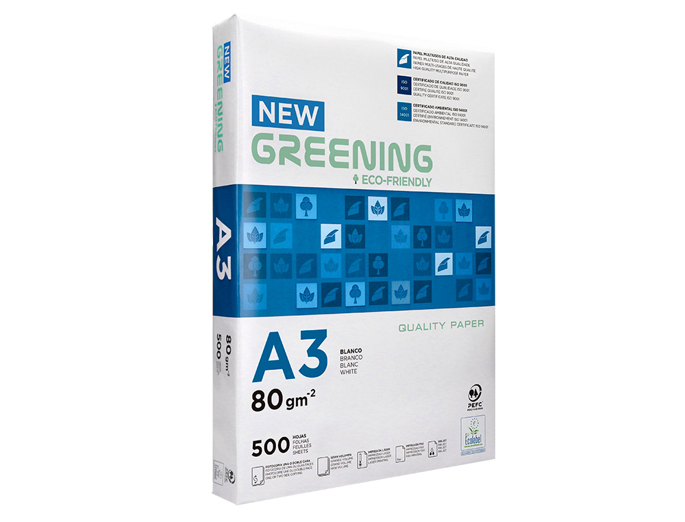 PAPEL FOTOCOPIADORA GREENING DIN A3 80 GRAMOS PAQUETE DE 500 HOJAS