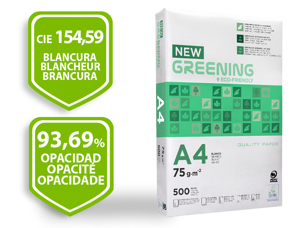 PAPEL FOTOCOPIADORA GREENING DIN A4 75 GRAMOS PAQUETE DE 500 HOJAS