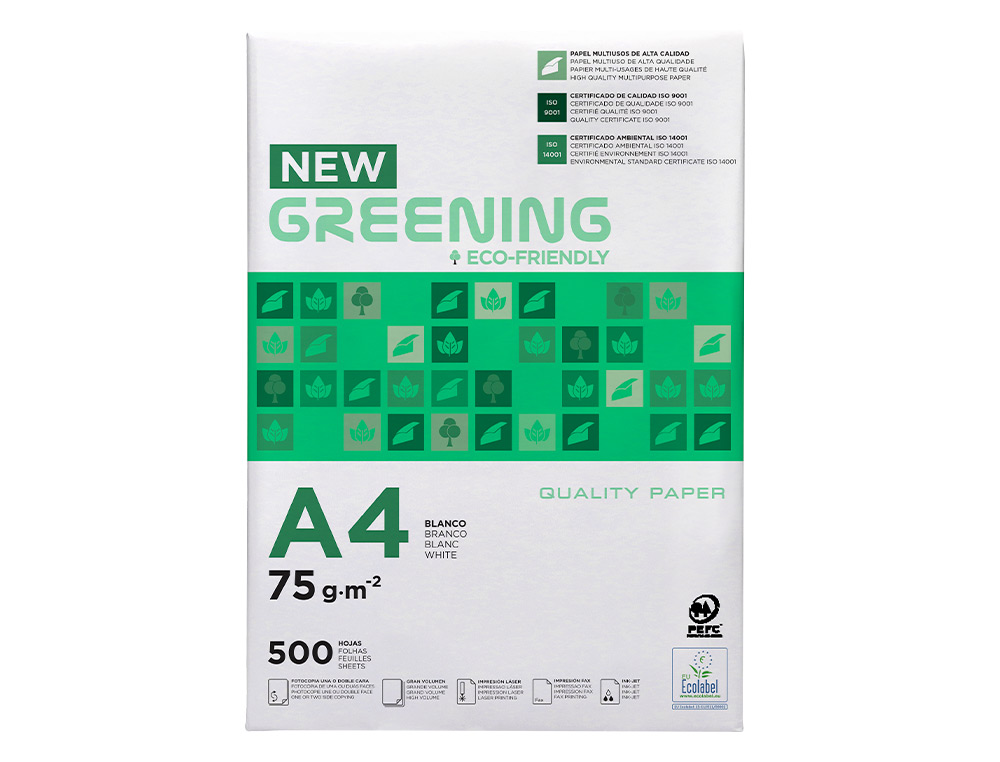 PAPEL FOTOCOPIADORA GREENING DIN A4 75 GRAMOS PAQUETE DE 500 HOJAS