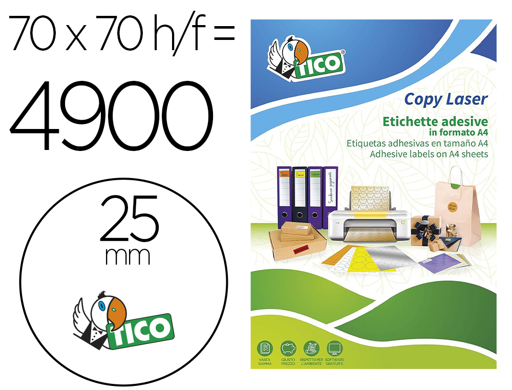 ETIQUETA ADHESIVA TICO NARANJA FLUORESCENTES PERMANENTE FSC LASER/INKJET/FOTOCOPIA REDONDA 25 MMCAJA DE 4900 UNIDADES