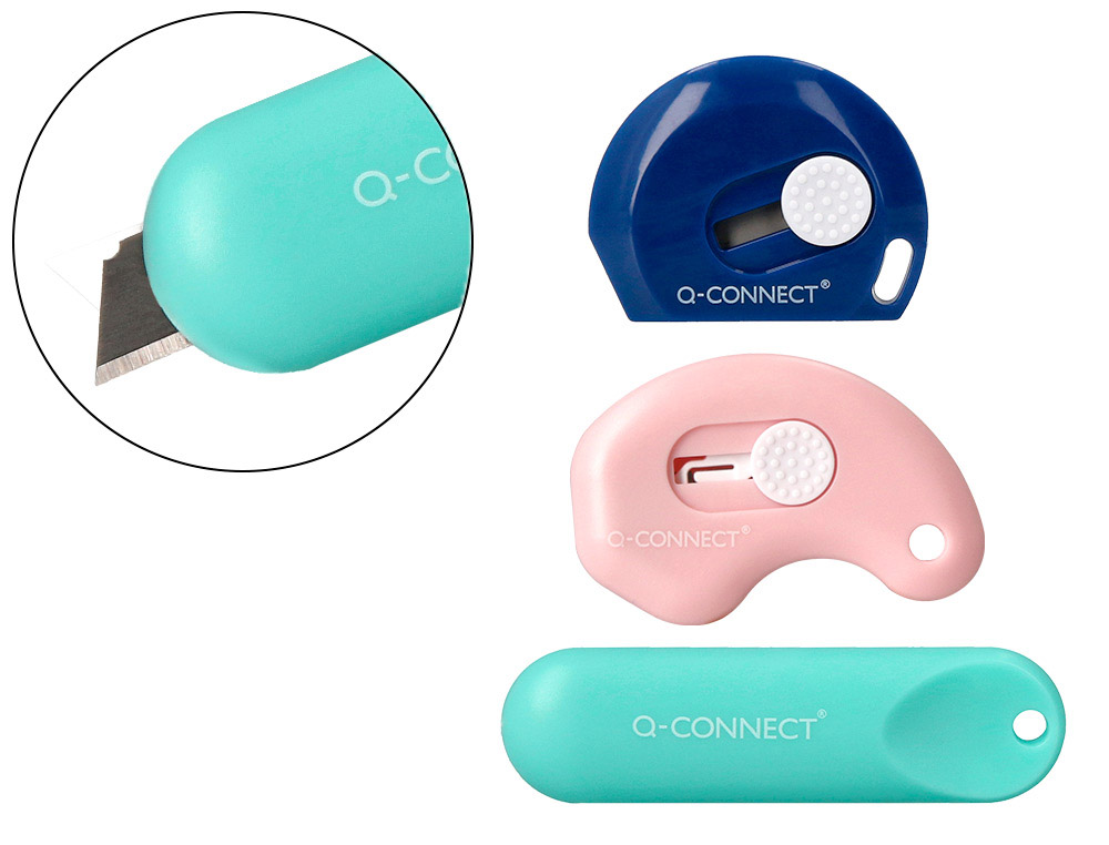 CUTER Q-CONNECT PLASTICO MINI DE SEGURIDAD RETRACTIL MODELOS Y COLORES SURTIDOS EXPOSITOR 30 UNIDADES