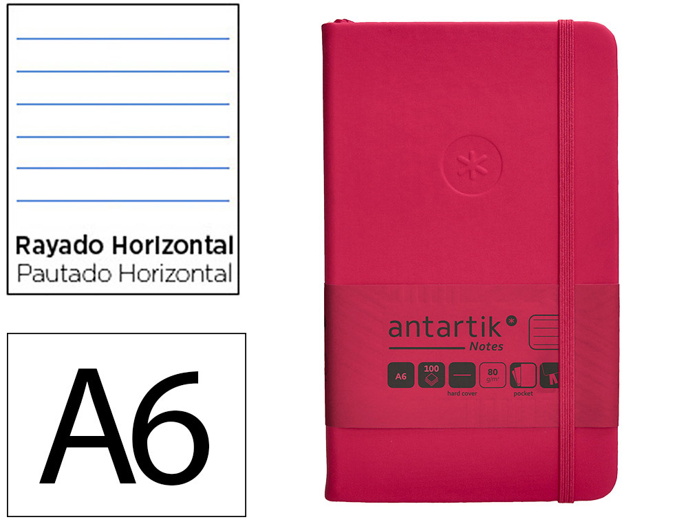 CUADERNO CON GOMILLA ANTARTIK NOTES TAPA DURA A6 HOJAS RAYAS BURDEOS 100 HOJAS 80 GR FSC