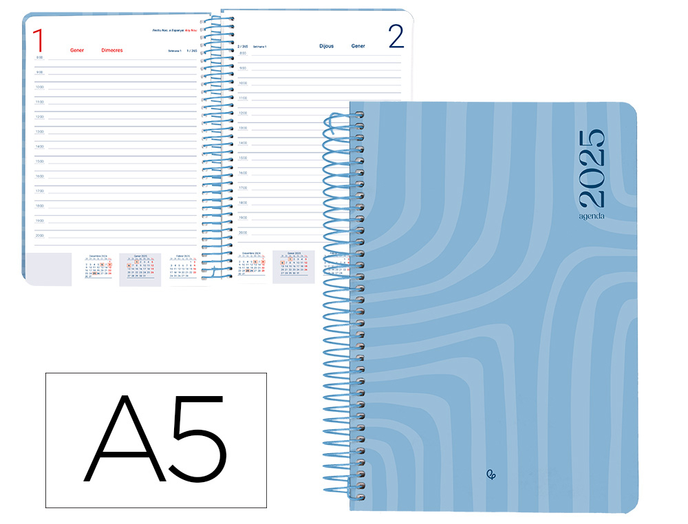 AGENDA ESPIRAL LIDERPAPEL SYROS A5 2025 DIA PAGINA COLOR AZUL PAPEL 60 GR CATALAN