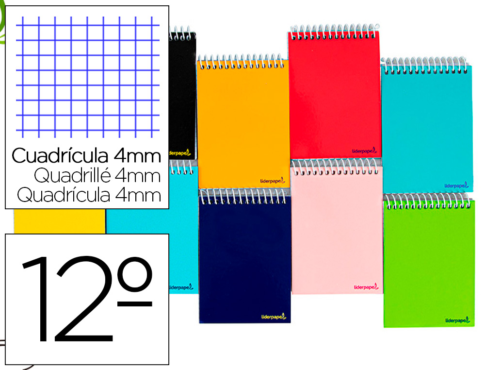 CUADERNO ESPIRAL LIDERPAPEL BOLSILLO DOCEAVO APAISADO SMART TAPA BLANDA 80H 60GR CUADRO 4MM COLORES SURTIDOS