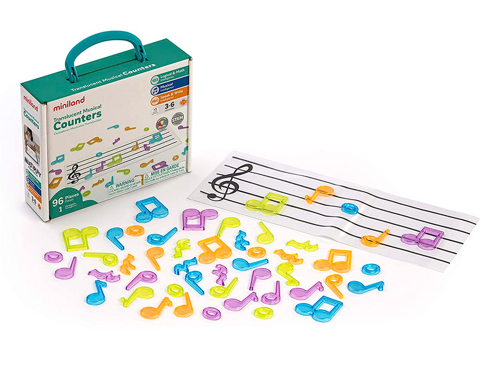 JUEGO MINILAND SET DE CONTADORES TRANSLUCIDOS CONTENIDO 96 NOTAS MUSICALES Y 1 PENTAGRAMA TRANSPARENTE