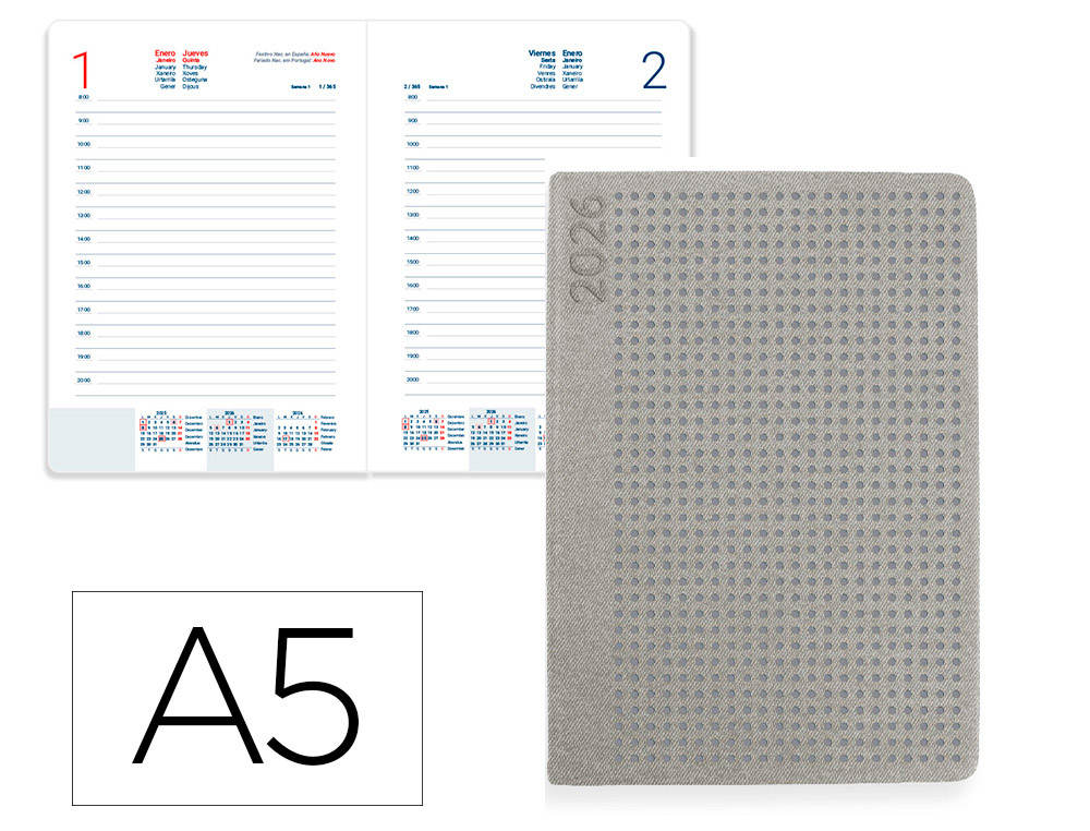 AGENDA ENCUADERNADA LIDERPAPEL ANAFI A5 2026 DIA PAGINA GRIS PAPEL 70 GR FSC