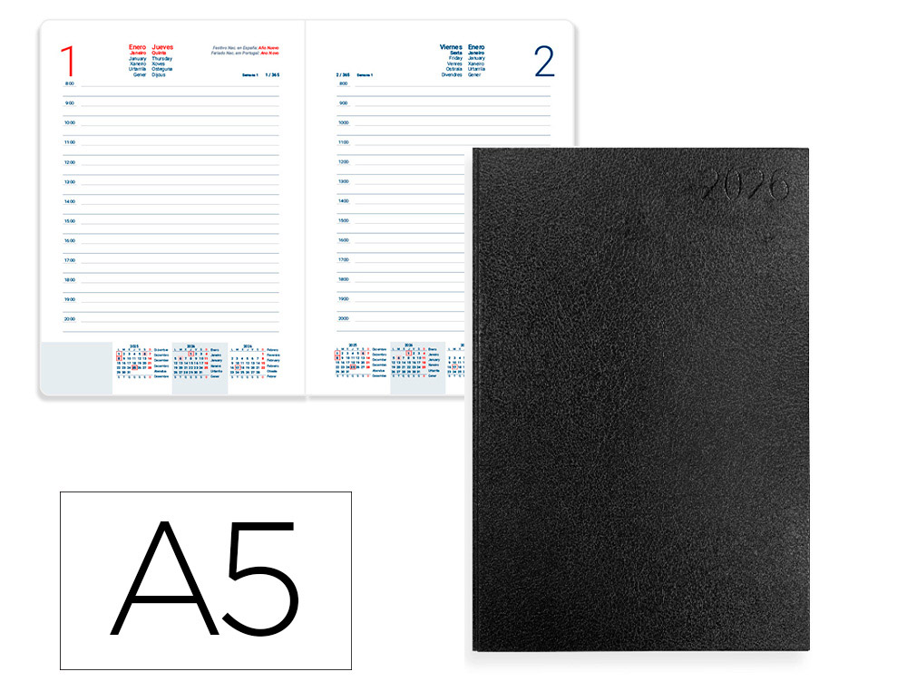 AGENDA ENCUADERNADA LIDERPAPEL CORFU 150X210 MM 2026 DIA PAGINA NEGRO PAPEL 60 GR FSC