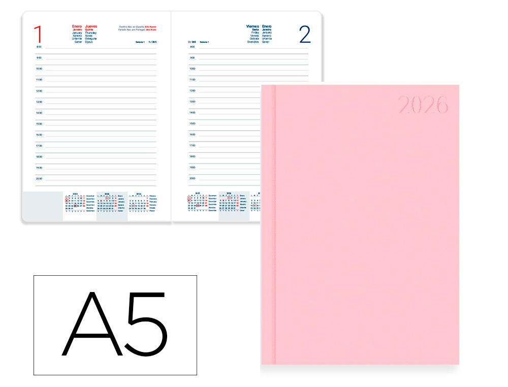AGENDA ENCUADERNADA LIDERPAPEL CORFU 150X210 MM 2026 DIA PAGINA ROSA PAPEL 60 GR FSC