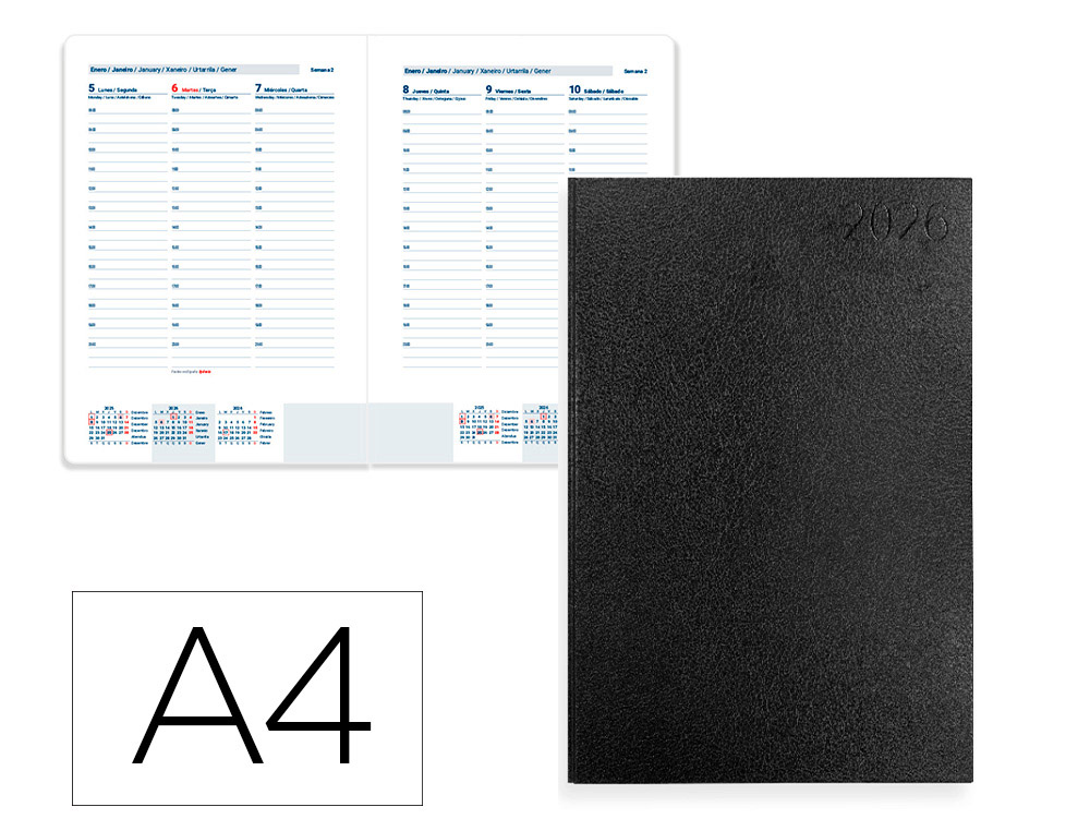 AGENDA ENCUADERNADA LIDERPAPEL CORFU A4 2026 SEMANA VISTA NEGRO PAPEL 60 GR FSC