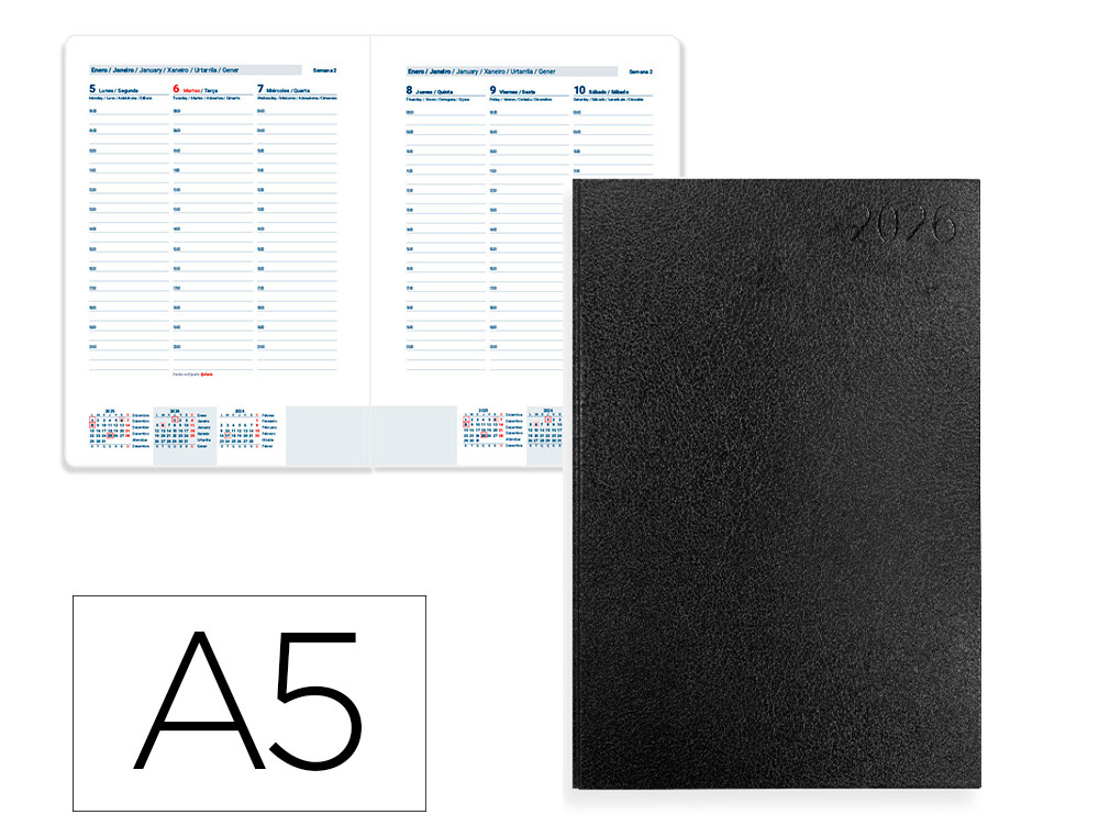 AGENDA ENCUADERNADA LIDERPAPEL CORFU A5 2026 SEMANA VISTA NEGRO PAPEL 60 GR FSC