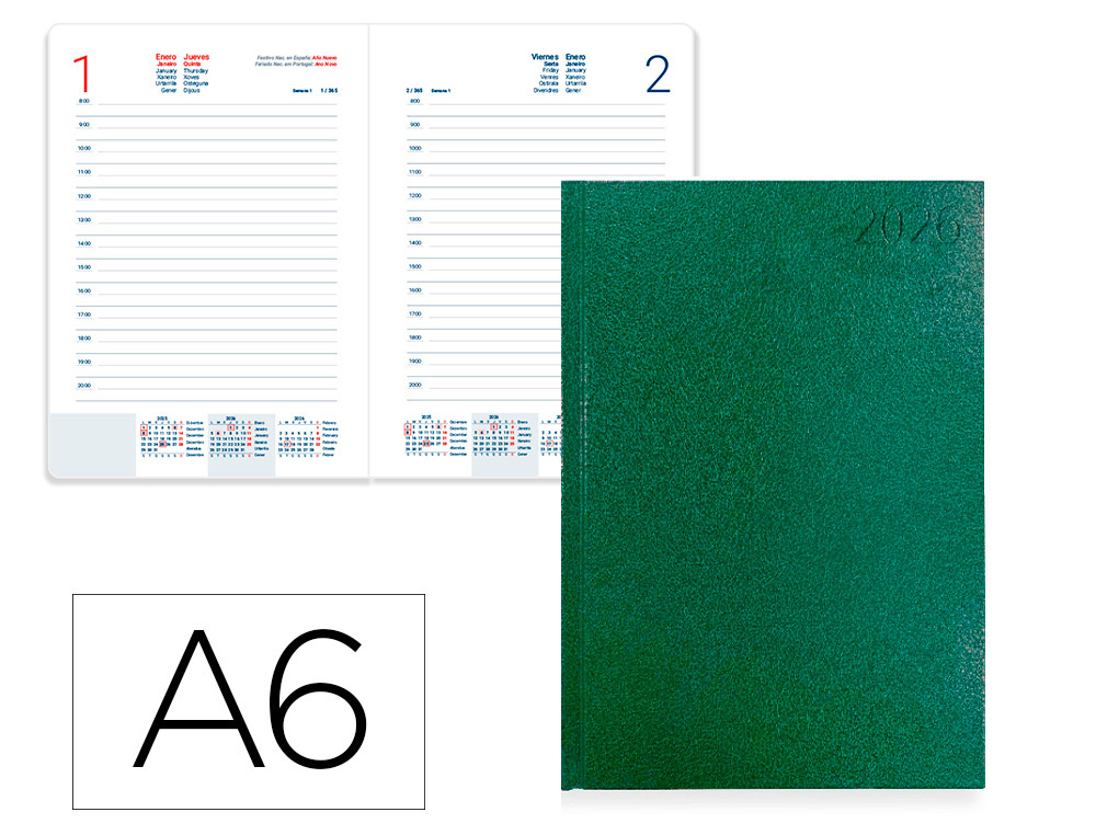 AGENDA ENCUADERNADA LIDERPAPEL CORFU A6 2026 DIA PAGINA VERDE PAPEL 60 GR FSC