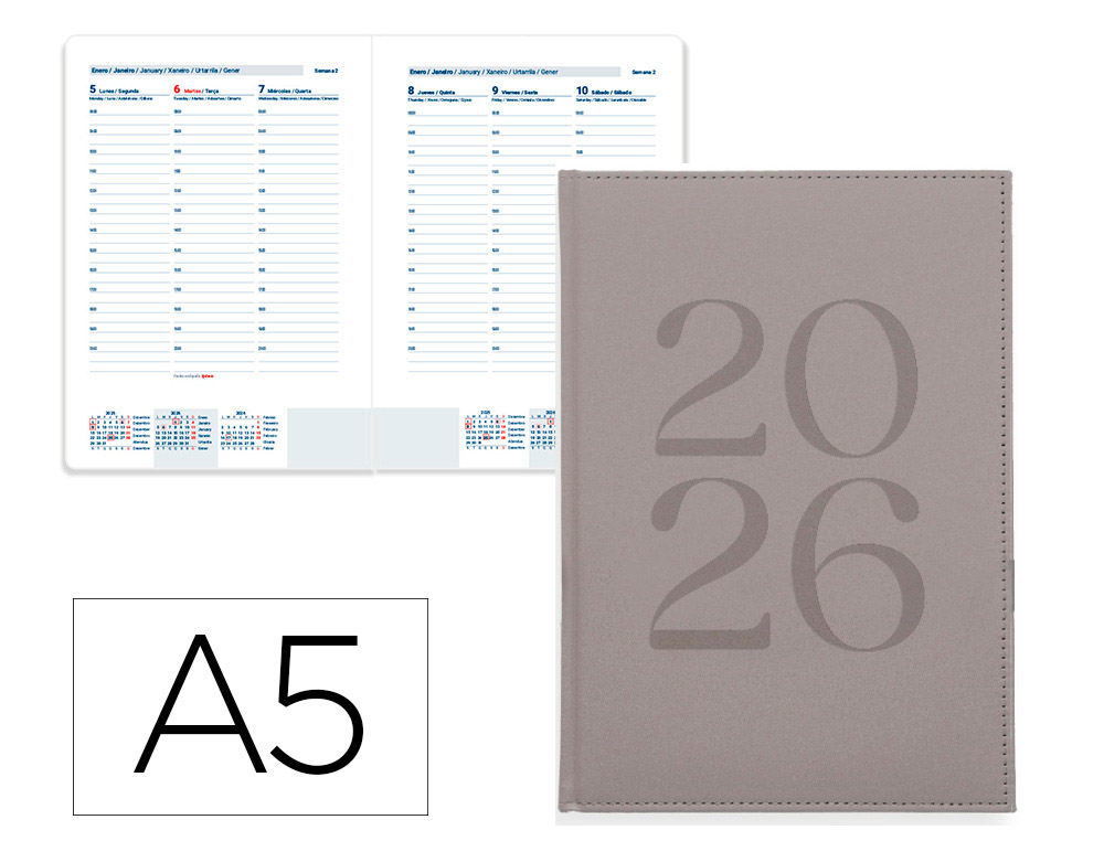 AGENDA ENCUADERNADA LIDERPAPEL CRETA 150X210 MM 2026 SEMANA VISTA GRIS PAPEL 70 GR FSC
