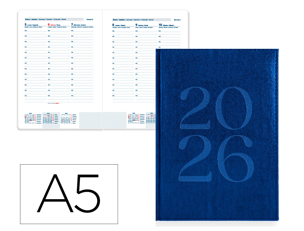 AGENDA ENCUADERNADA LIDERPAPEL CRETA 150X210 MM 2026 SEMANA VISTA AZUL PAPEL 70 GR FSC