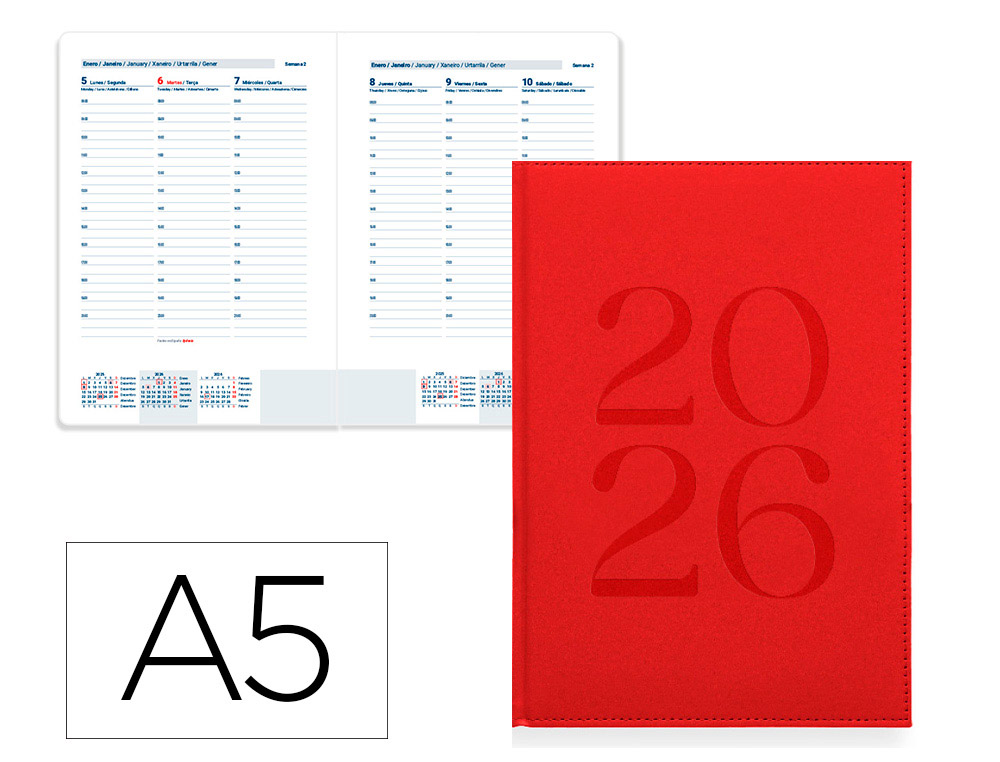 AGENDA ENCUADERNADA LIDERPAPEL CRETA 150X210 MM 2026 SEMANA VISTA ROJO PAPEL 70 GR FSC