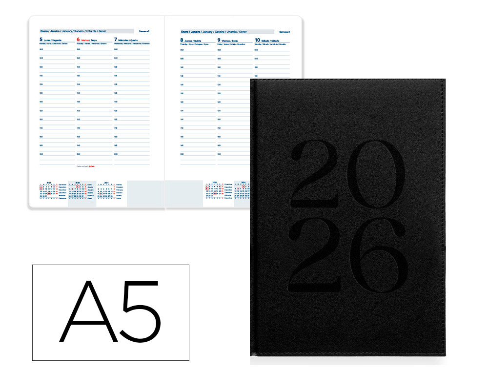 AGENDA ENCUADERNADA LIDERPAPEL CRETA 150X210 MM 2026 SEMANA VISTA NEGRO PAPEL 70 GR FSC