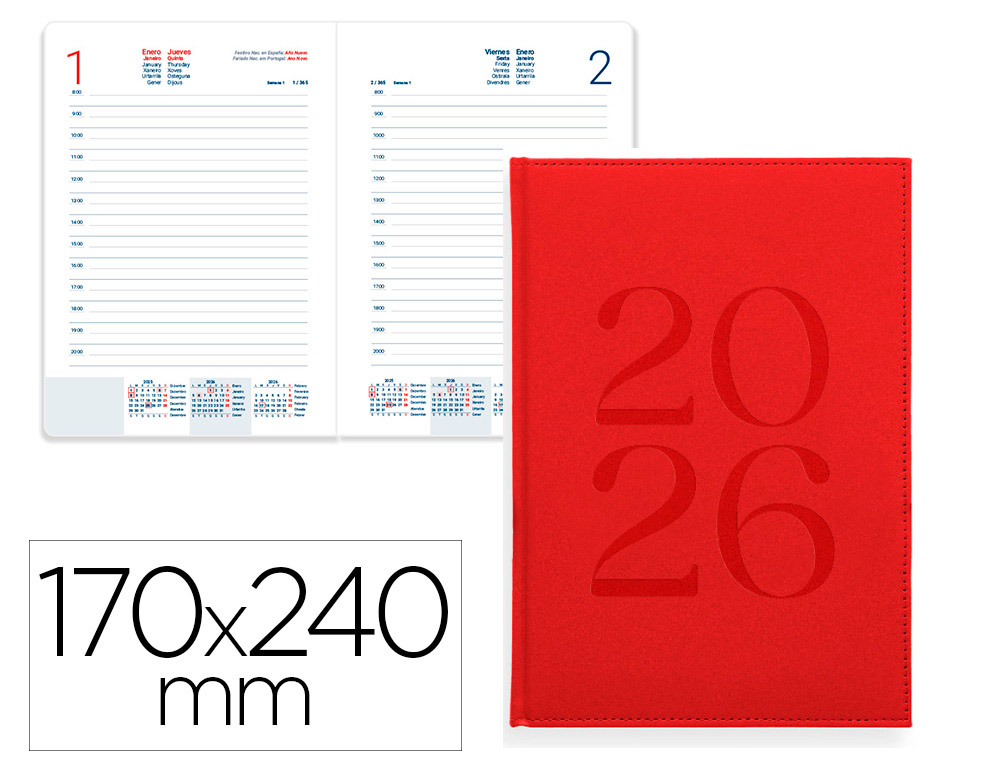 AGENDA ENCUADERNADA LIDERPAPEL CRETA 170X240 MM 2026 DIA PAGINA ROJO PAPEL 70 GR FSC