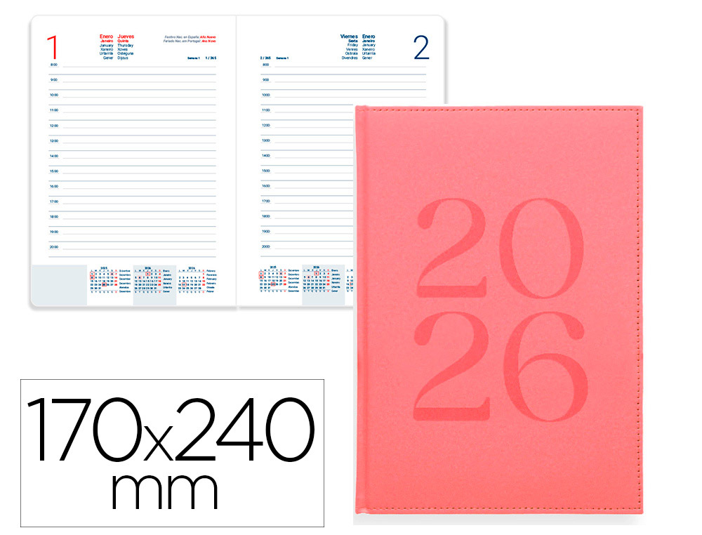 AGENDA ENCUADERNADA LIDERPAPEL CRETA 170X240 MM 2026 DIA PAGINA ROSA PAPEL 70 GR FSC