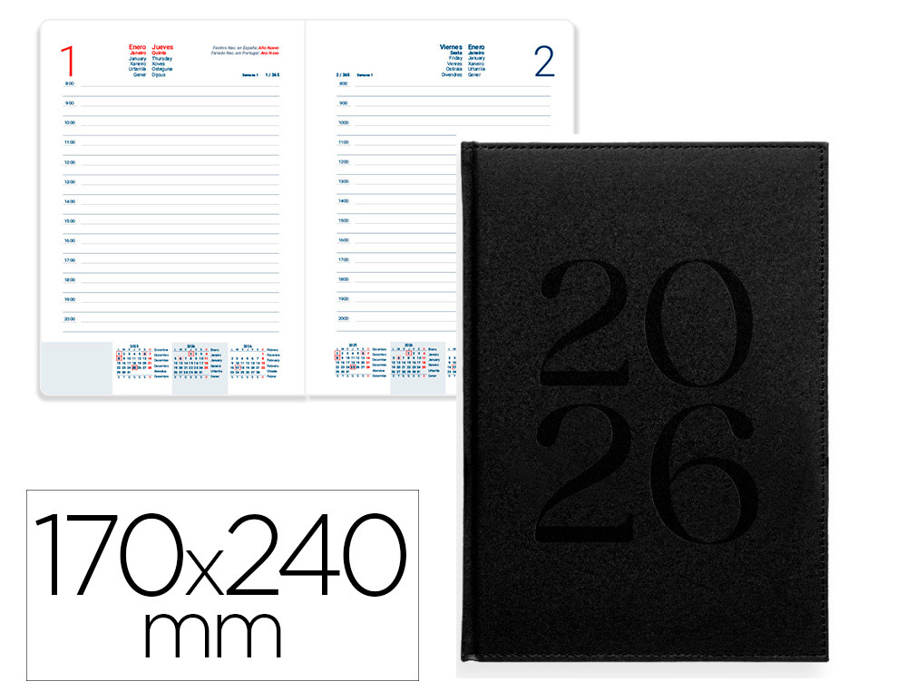 AGENDA ENCUADERNADA LIDERPAPEL CRETA 170X240 MM 2026 DIA PAGINA NEGRO PAPEL 70 GR FSC