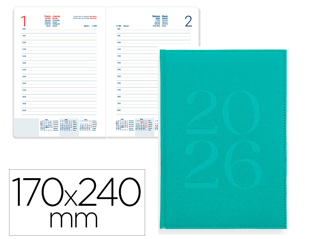 AGENDA ENCUADERNADA LIDERPAPEL CRETA 170X240 MM 2026 DIA PAGINA TURQUESA PAPEL 70 GR FSC