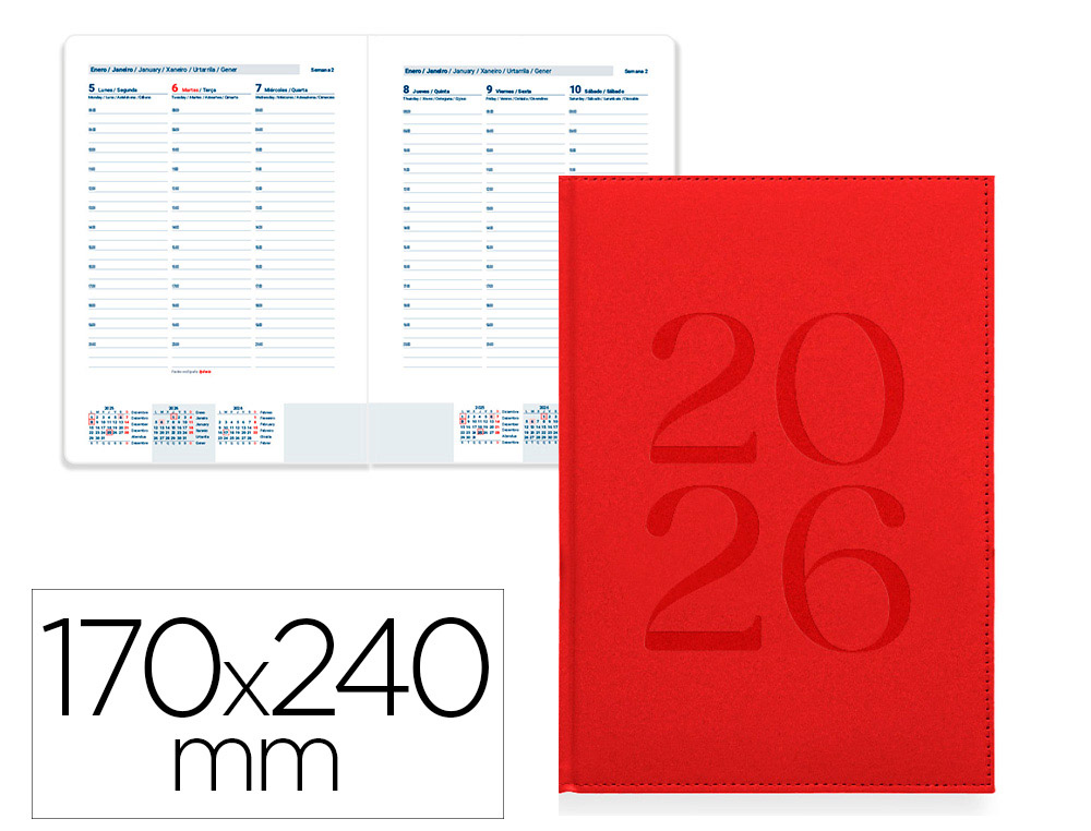 AGENDA ENCUADERNADA LIDERPAPEL CRETA 170X240 MM 2026 SEMANA VISTA ROJO PAPEL 70 GR FSC