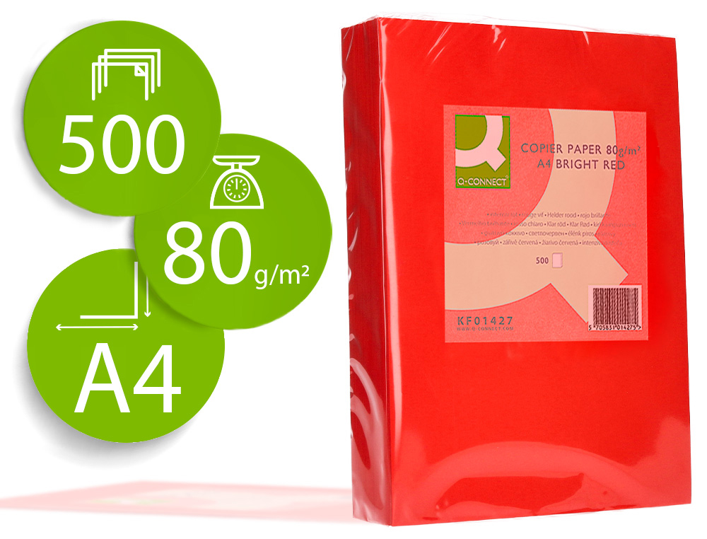 PAPEL COLOR Q-CONNECT DIN A4 80GR ROJO INTENSO PAQUETE DE 500 HOJAS